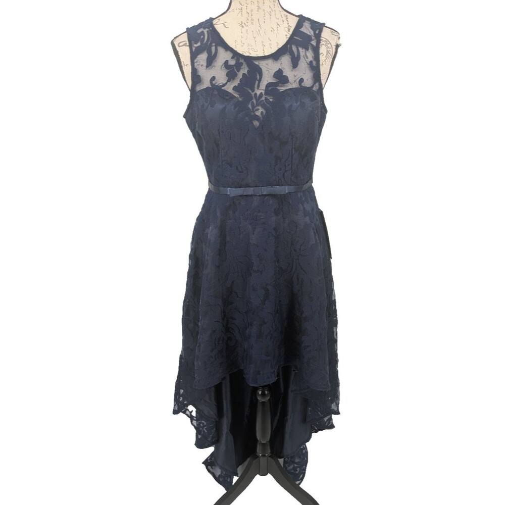 MANIJU Navy Lace Gown MEDIUM Hi Lo Illusion Neckline Prom Wedding Gala New